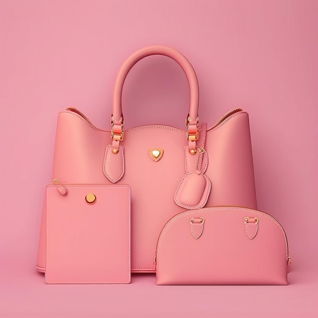 simple minimal pink woman handbag sets on a pink flat background, clean and minimalist