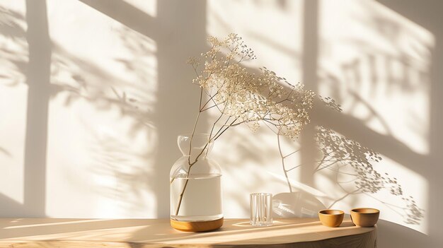 Photo simple minimalist still life with dried flowers in a glass vase two bowls and a glass on a wooden table