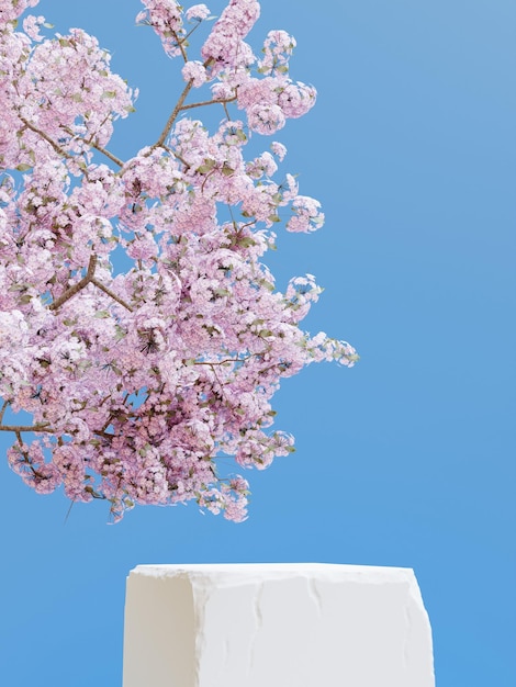 シンプルなミニマリストの石の正方形の表彰台と青い壁と桜の木の3Dレンダリング