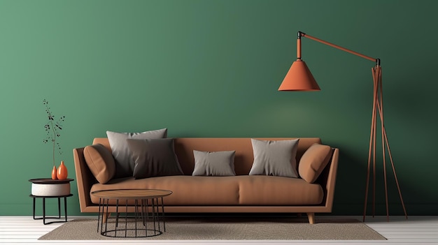 茶色のソファと緑の壁を備えたシンプルでミニマルな現代的な装飾 Generative AI