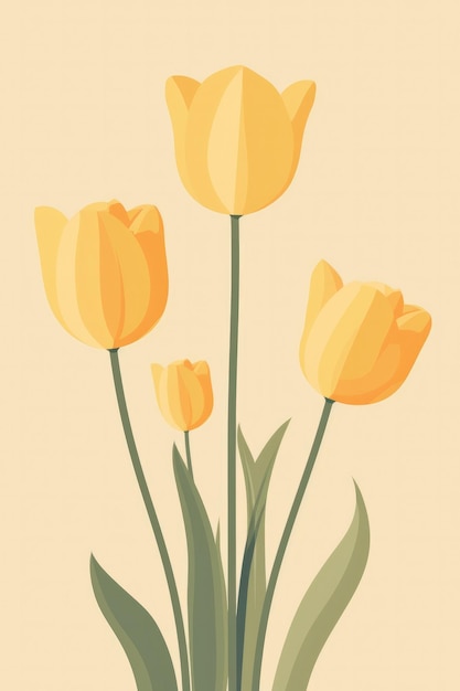 Photo a simple minimalistic illustration of yellow tulips with green foliage on white background greeting