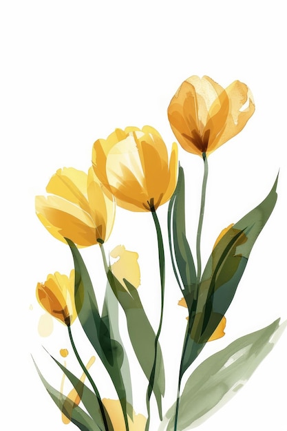 A simple minimalistic illustration of yellow tulips with green foliage on a white background