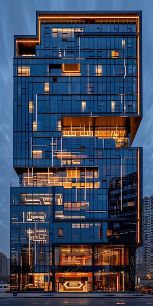ガラスの窓と青い空の背景を持つシンプルな現代的な建物構造