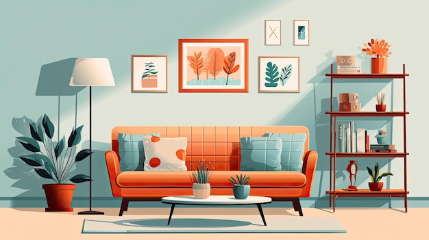 Photo simple modern living room interior in flat illustration style sofa or couch shelves table