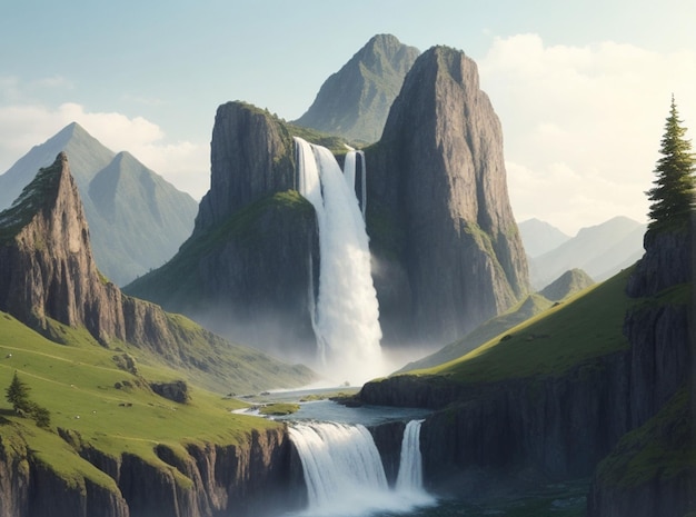 simple nature with a high mountain with waterfall