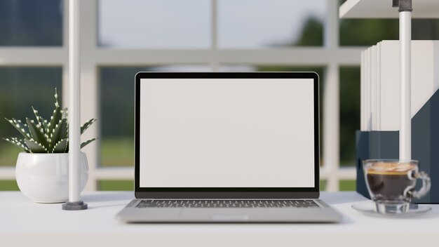 Simple office desk workspace with notebook laptop mockup and office supplies on white table