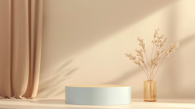 A simple one layer podium for ecomerce Minimalism beige gold light blue vibrant colouring