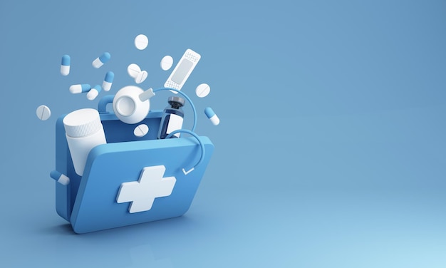 simple open blue first aid kit with medicines for drugstore category includes wound bandage pill box stethoscope and vaccine with and lots of pills and capsules on blue 3d render illustration