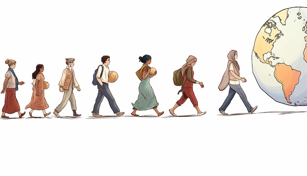 a simple outline illustration of different refugees 56 people walking around the earth's