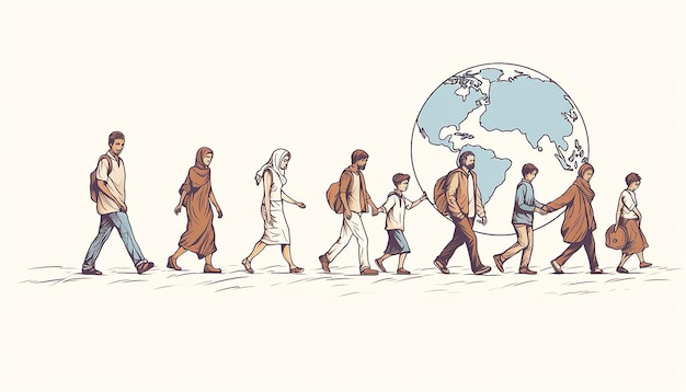 Photo a simple outline illustration of different refugees 56 people walking around the earth's
