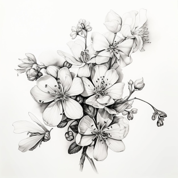 Foto semplice disegno a matita di fiori di ciliegio su tela bianca
