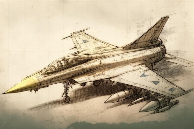 Simple pencil sketch of fighter jet with details and color added in later