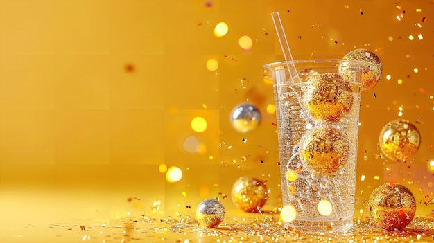 Simple plastic drinking cup with a straw and glinting disco balls over a yellow backdrop and space Generative AI
