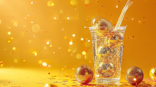 Simple plastic drinking cup with a straw and glinting disco balls over a yellow backdrop and space Generative AI