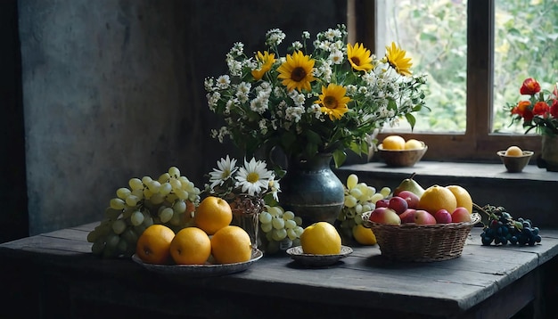 A simple provincial still life with fruits and flowers