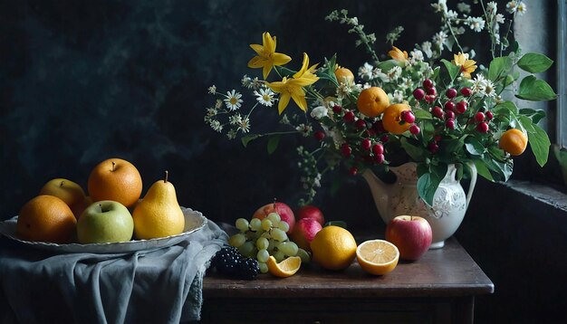 A simple provincial still life with fruits and flowers