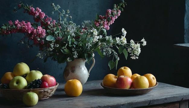 Photo a simple provincial still life with fruits and flowers