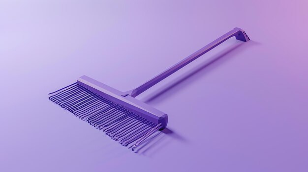 A simple purple rake isolated on a purple background The rake is made of metal with long thin tines The handle is long and straight