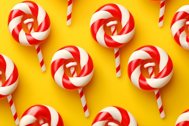 Simple red and white striped candy canes pattern on yellow background