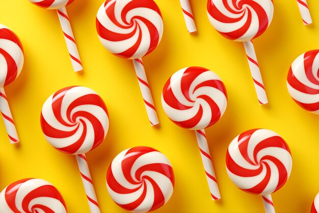 Simple red and white striped candy canes pattern on yellow background