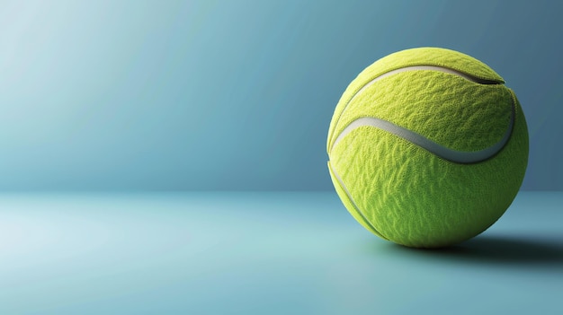 Simple render of a bright green tennis ball with a white stripe on a blue background