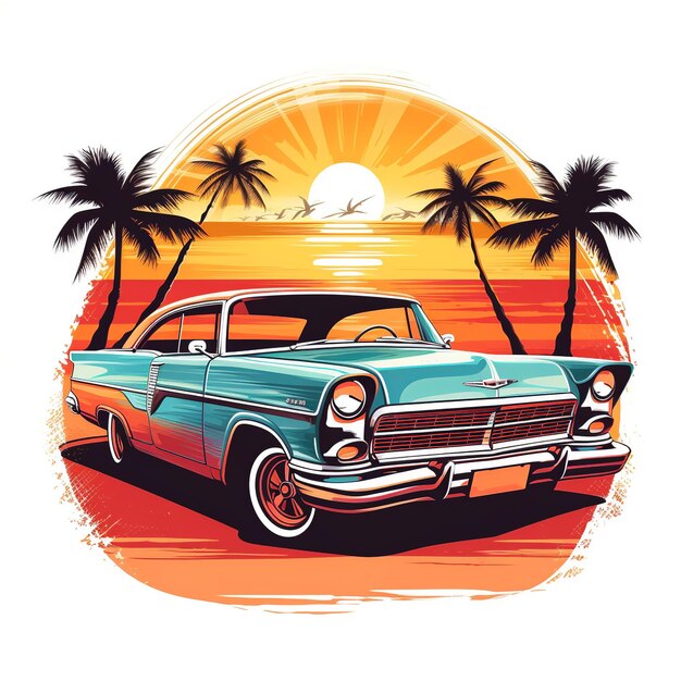 Simple retro car in beach road with sunrise backdrop