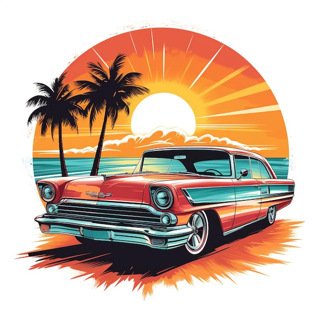 Simple retro car in beach road with sunrise backdrop