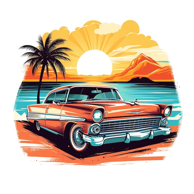 Simple retro car in beach road with sunrise backdrop