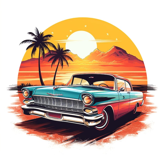 Simple retro car in beach road with sunrise backdrop