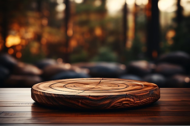 Simple round product in wood style with rain in background