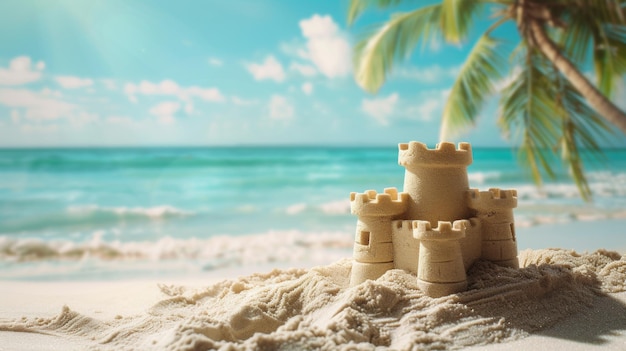 A simple sand castle on the ocean A palm tree is visible behind