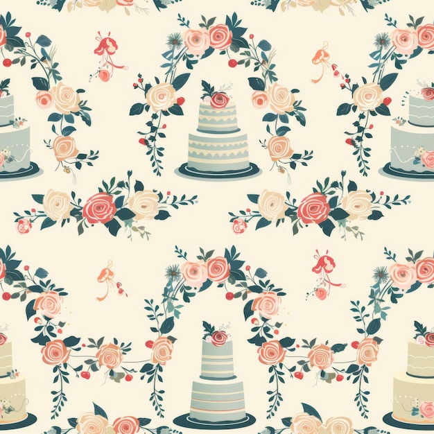 Simple Seamless Wedding Themed Pattern with Wedding Cakes and Floral Arches