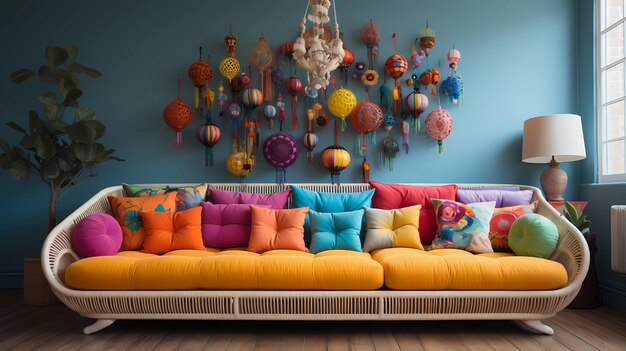 Photo a simple sofa with several boho patterned pillows