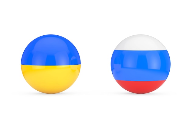 白い背景の上のロシアとウクライナの旗とシンプルな球体3dレンダリング