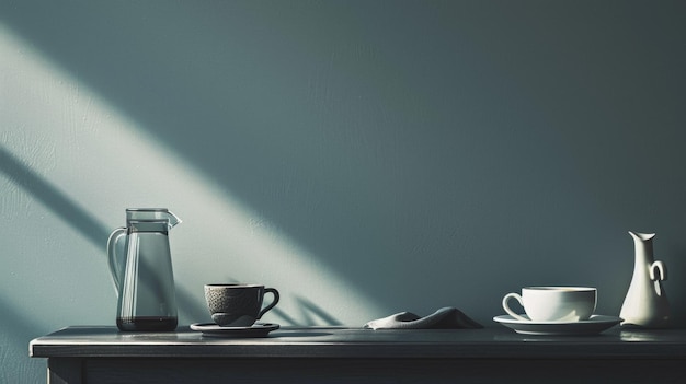 Simple still life scene with coffee essentials and morning light