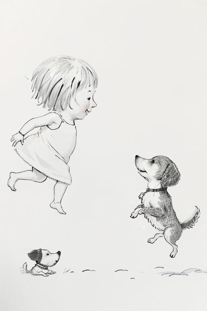 Photo simple strokes child in red and pet dog having fun together hand drawn sketch cartoon illustration