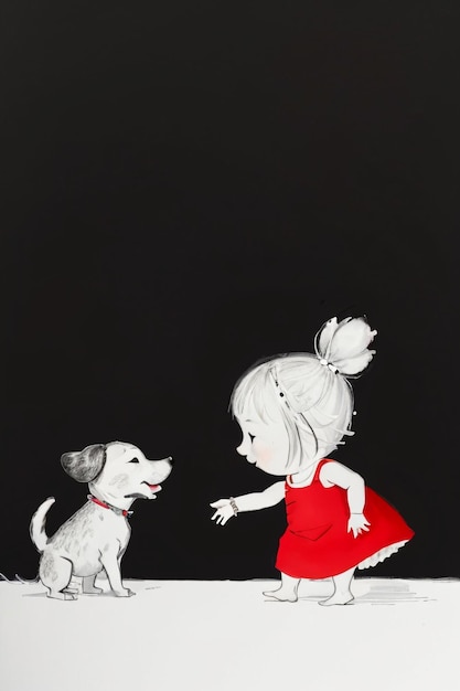 Foto semplici colpi bambino in rosso e cane da compagnia che si divertono insieme illustrazione disegnata a mano del fumetto dello schizzo