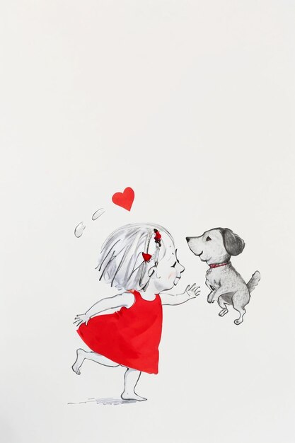 Simple strokes child in red and pet dog having fun together hand drawn sketch cartoon illustration