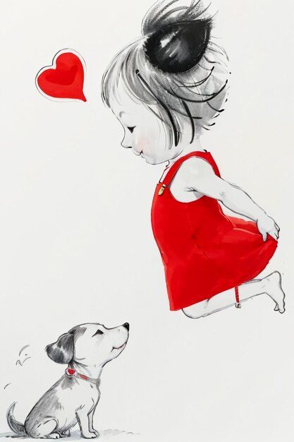 Simple strokes child in red and pet dog having fun together hand drawn sketch cartoon illustration