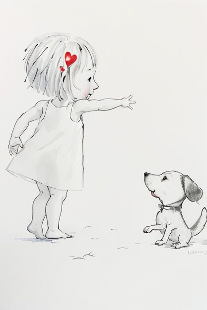 Simple strokes child in red and pet dog having fun together hand drawn sketch cartoon illustration