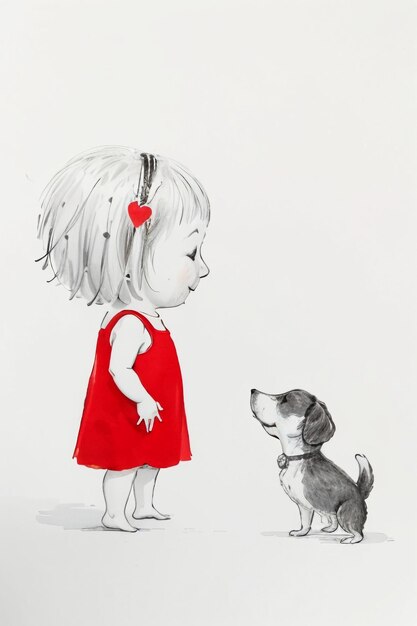 Simple strokes child in red and pet dog having fun together hand drawn sketch cartoon illustration