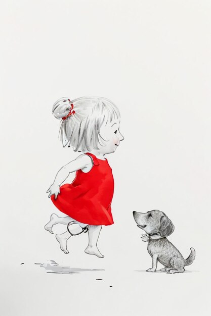 Simple strokes child in red and pet dog having fun together hand drawn sketch cartoon illustration