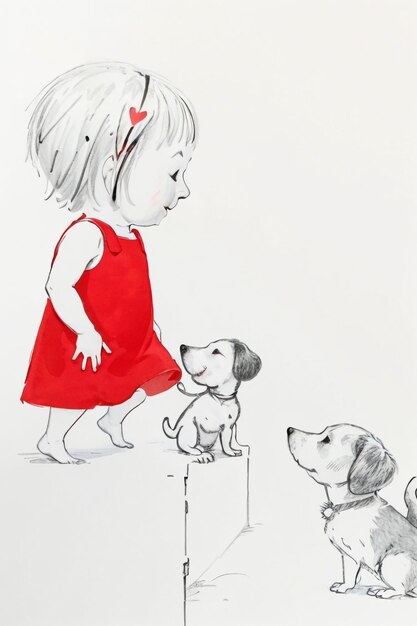 Simple strokes child in red and pet dog having fun together hand drawn sketch cartoon illustration