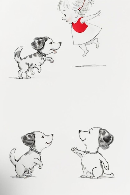 Photo simple strokes child in red and pet dog having fun together hand drawn sketch cartoon illustration