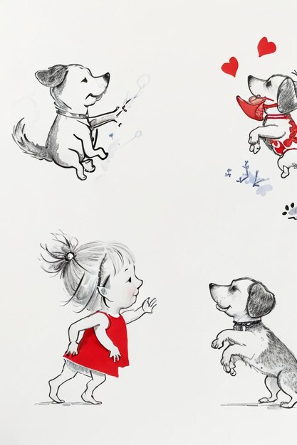 Simple strokes child in red and pet dog having fun together hand drawn sketch cartoon illustration