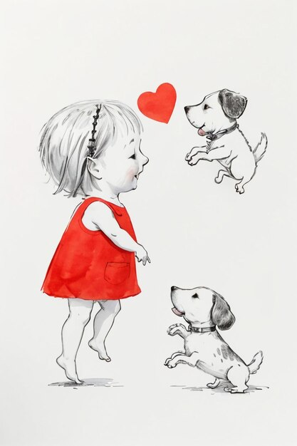 Simple strokes child in red and pet dog having fun together hand drawn sketch cartoon illustration