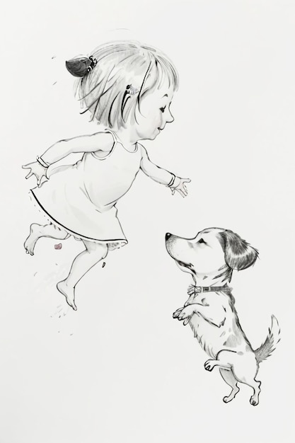 Photo simple strokes child in red and pet dog having fun together hand drawn sketch cartoon illustration