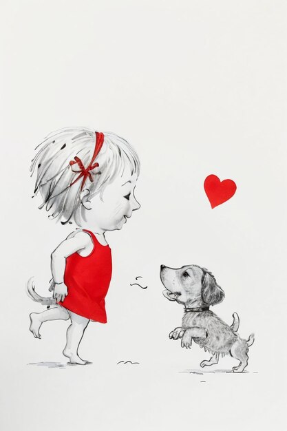 Simple strokes child in red and pet dog having fun together hand drawn sketch cartoon illustration