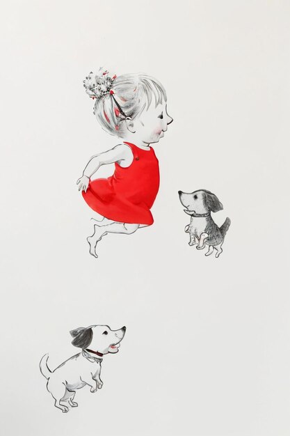 Simple strokes child in red and pet dog having fun together hand drawn sketch cartoon illustration