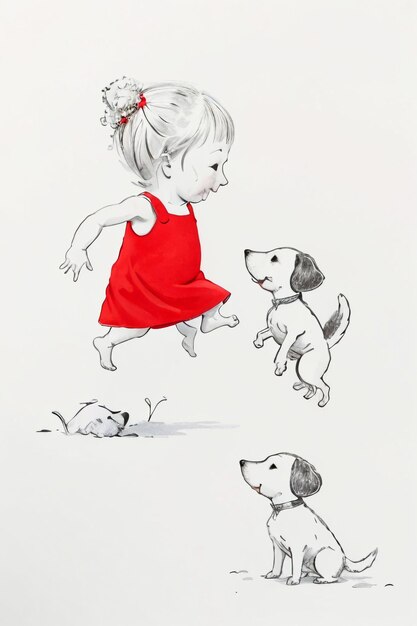 Simple strokes child in red and pet dog having fun together hand drawn sketch cartoon illustration